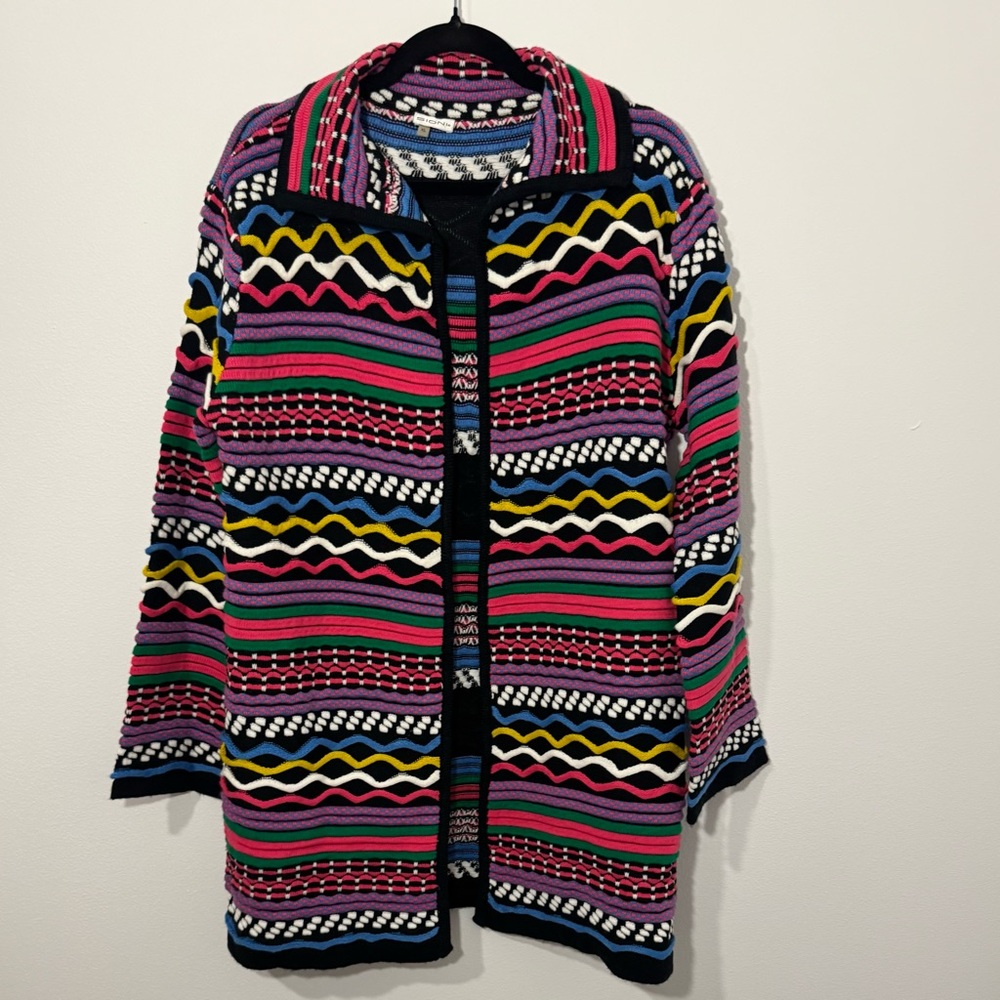 Sioni XL Multicolor Knit Cardigan Sweater Coat Boho Artsy Textured Longline - Picture 1 of 10